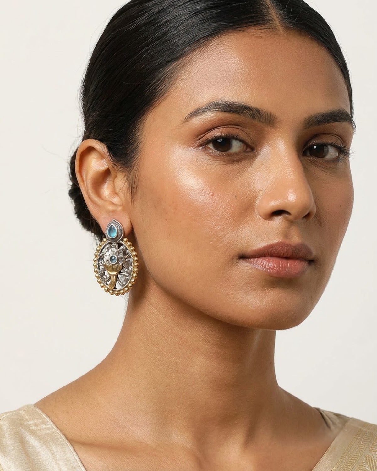 Meera Oxidized Silver-Gold Floral Drop Earrings