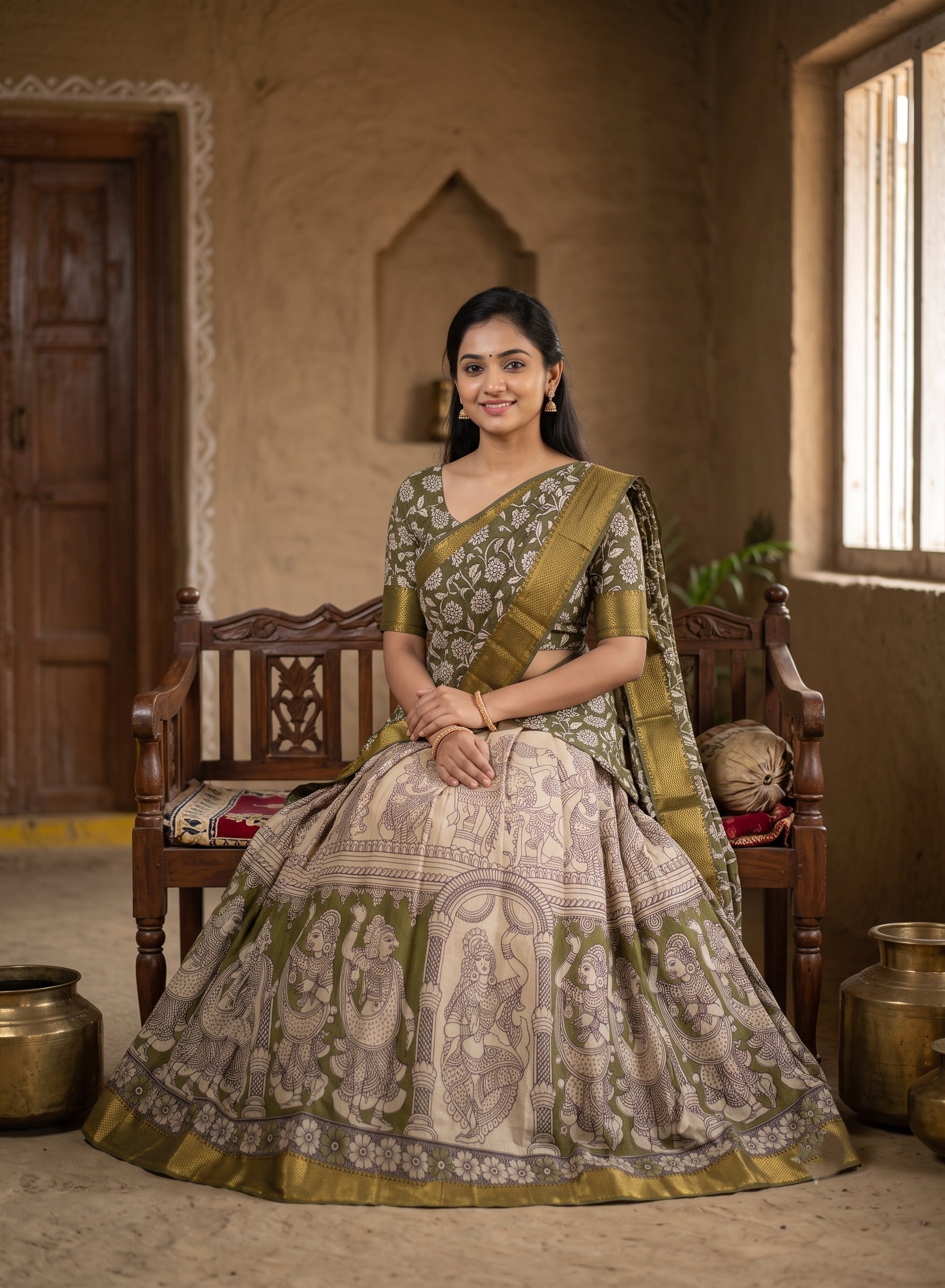 Kalamkari Silk Unstitched Lehenga Fabric 3pcs Set - Light Green