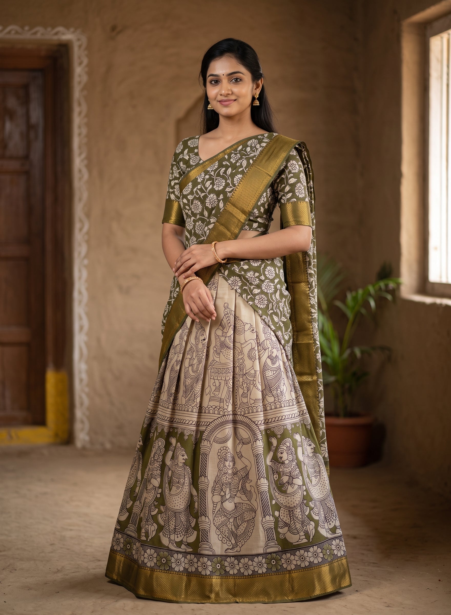 Kalamkari Silk Unstitched Lehenga Fabric 3pcs Set - Light Green
