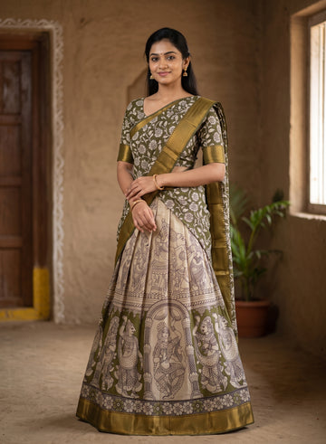 Kalamkari Silk Unstitched Lehenga Fabric 3pcs Set - Light Green