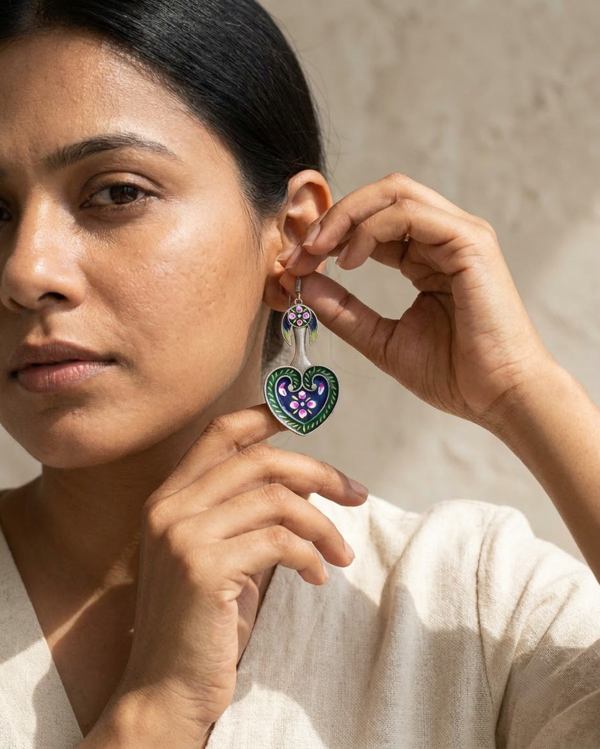 Meherbani Hand-Painted Heart Meenakari Earrings