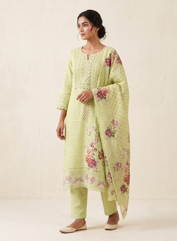 Mint Green Cotton Suit with Dupatta-Set of 3