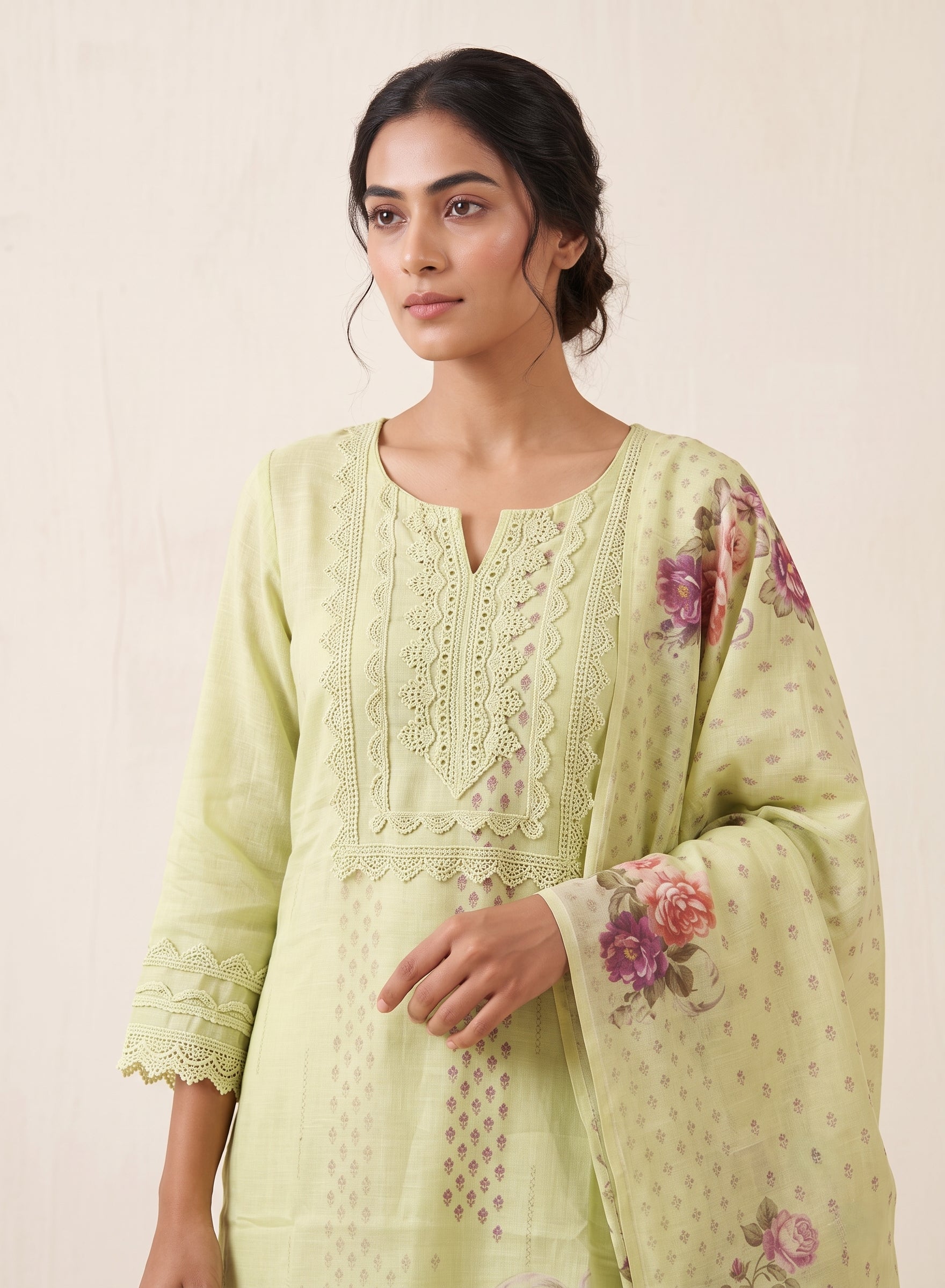 Mint Green Cotton Suit with Dupatta-Set of 3