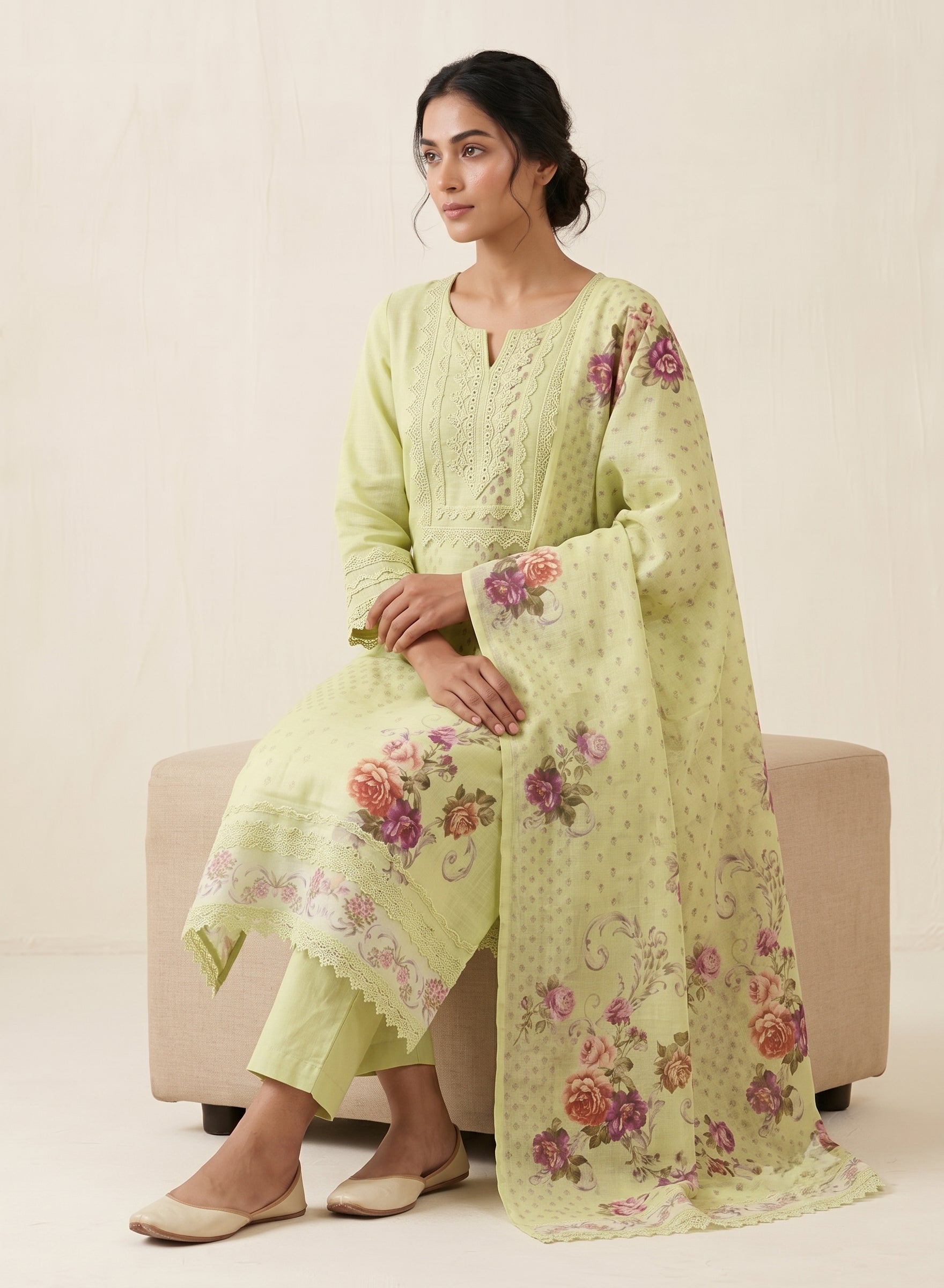 Mint Green Cotton Suit with Dupatta-Set of 3