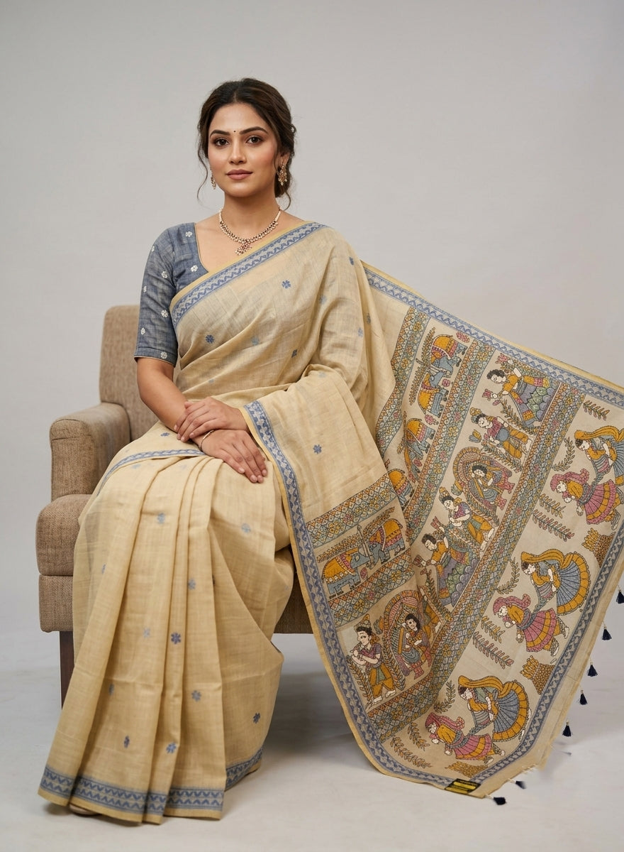 Mithila Beige Madhubani Woven Jamdani Cotton Linen Saree