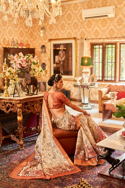 Kalamkari Digital Printed Semi Silk Saree - Brick temple Border