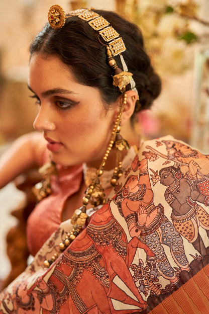 Kalamkari Digital Printed Semi Silk Saree - Brick temple Border