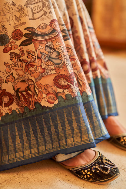 Kalamkari Digital Printed Semi Silk Saree - Blue temple Border