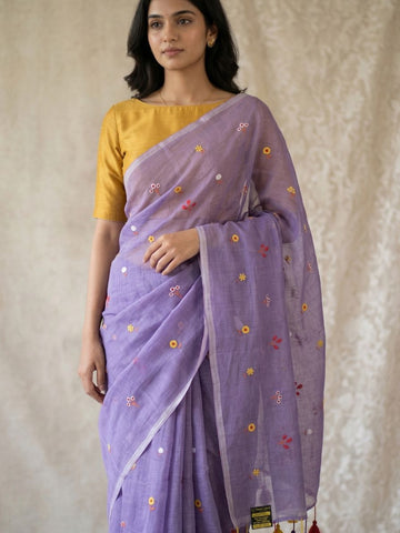 Mul cotton Lavender embroidery saree