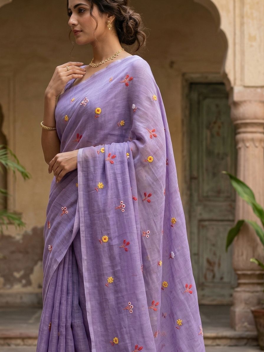 Mul cotton Lavender embroidery saree