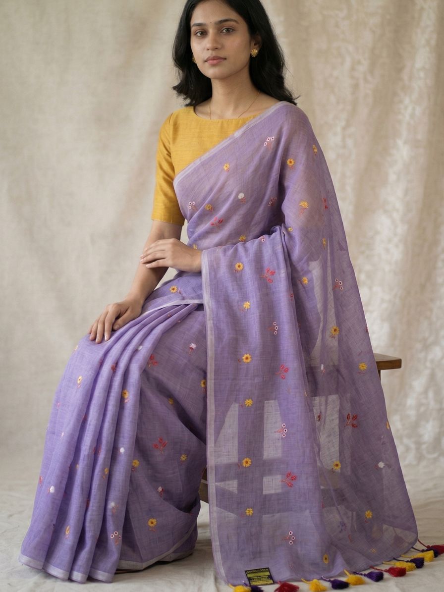 Mul cotton Lavender embroidery saree