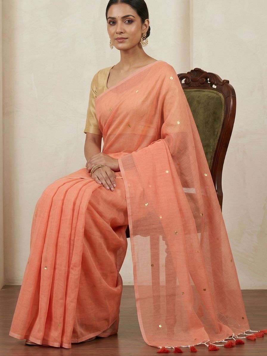 Mul khadi saree with chip work