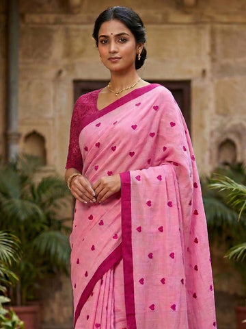 Khadi cotton saree with heart embroidery - Pink