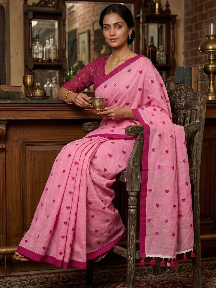 Khadi cotton saree with heart embroidery - Pink