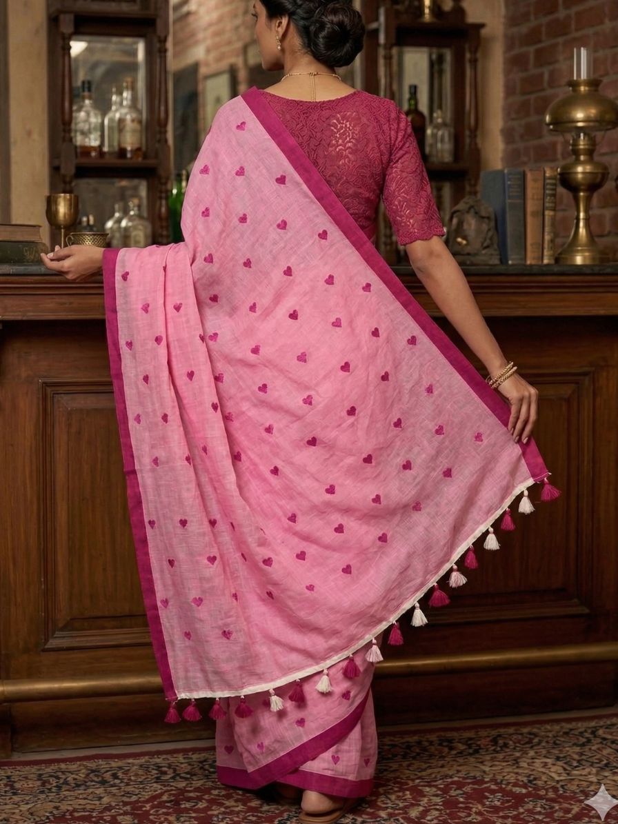 Khadi cotton saree with heart embroidery - Pink
