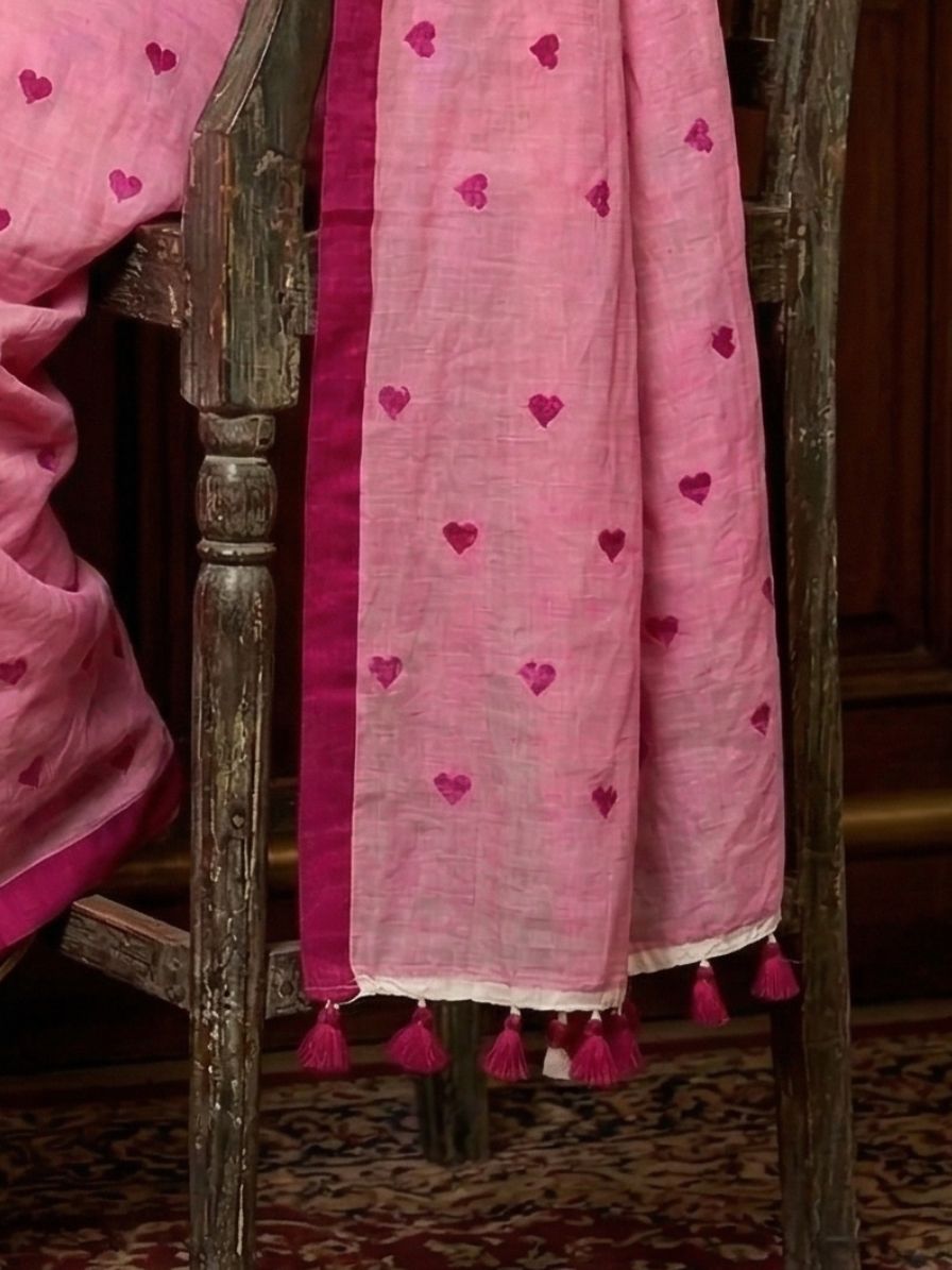 Khadi cotton saree with heart embroidery - Pink