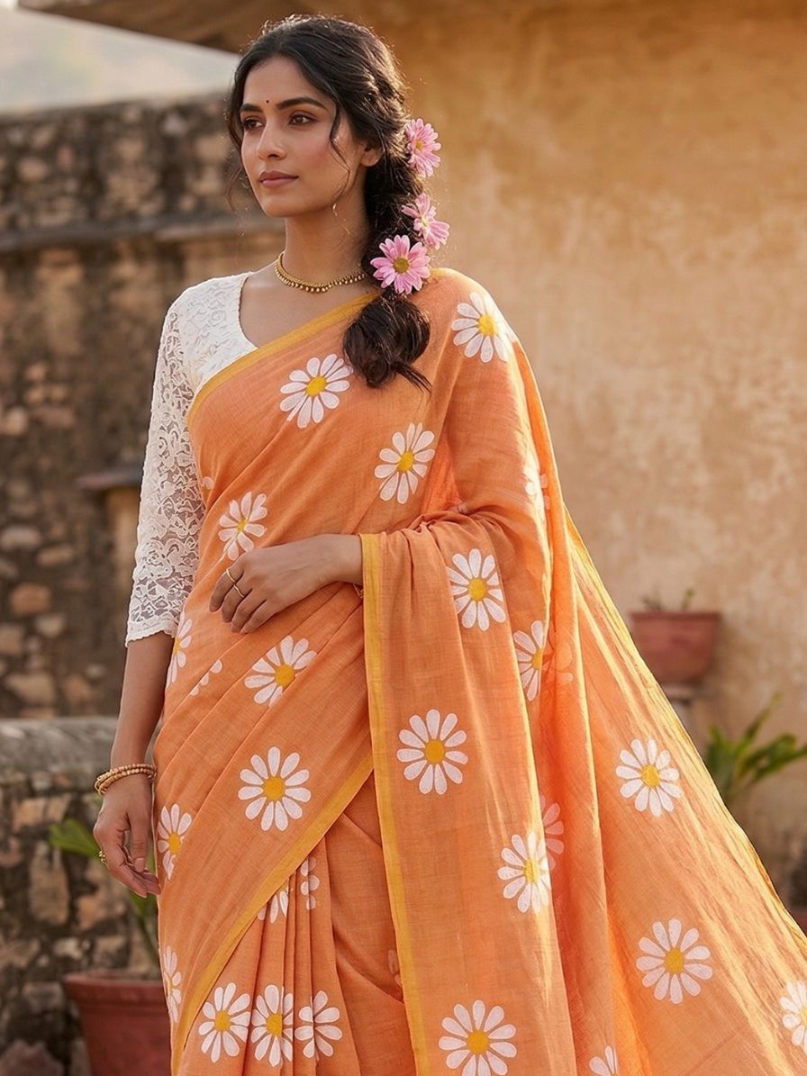 Mul khadi saree with flower brush paint - orange