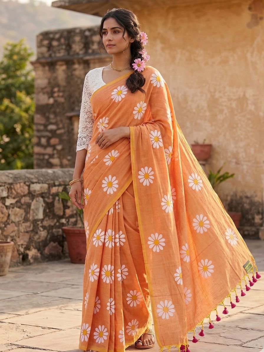 Mul khadi saree with flower brush paint - orange