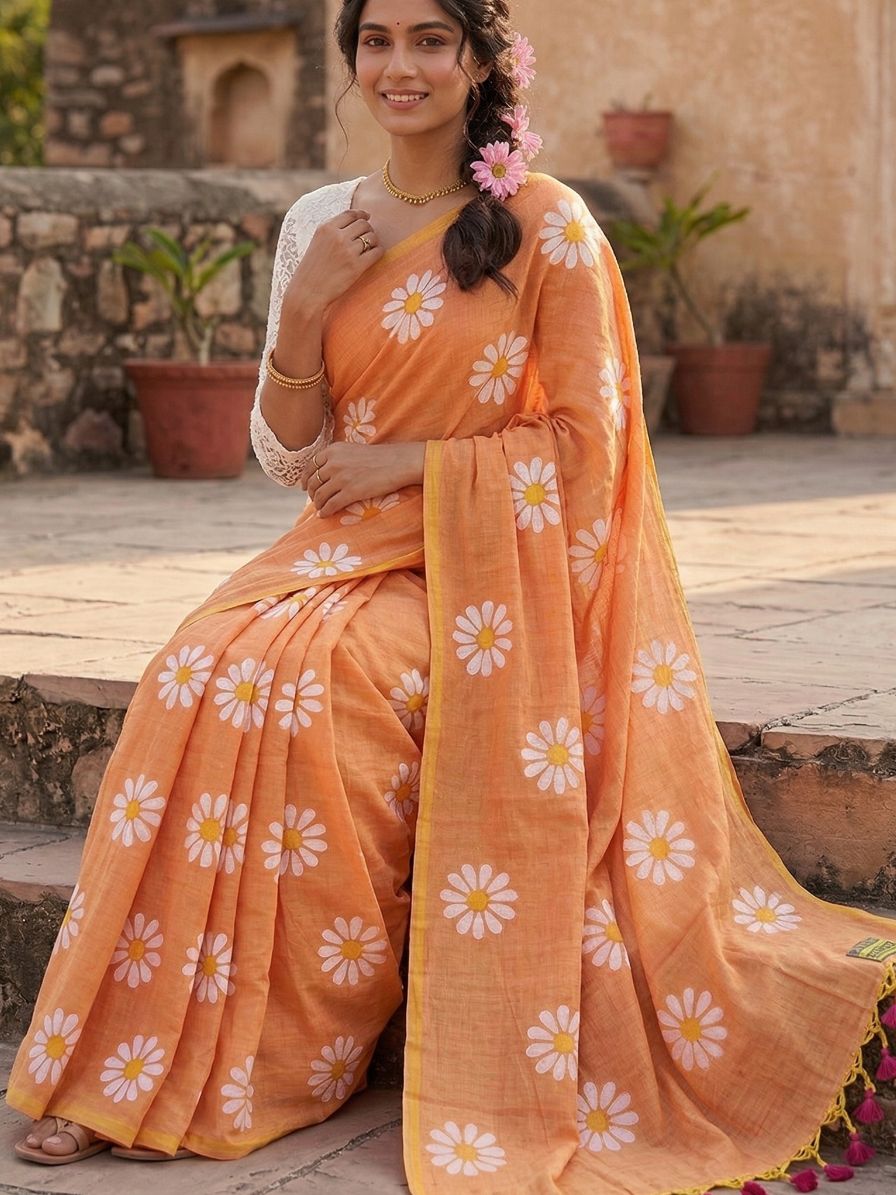 Mul khadi saree with flower brush paint - orange