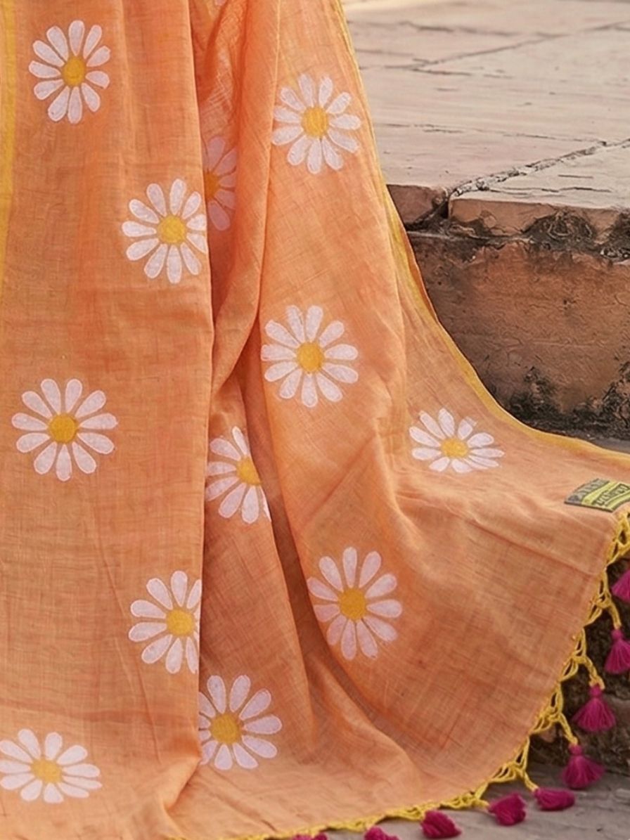 Mul khadi saree with flower brush paint - orange