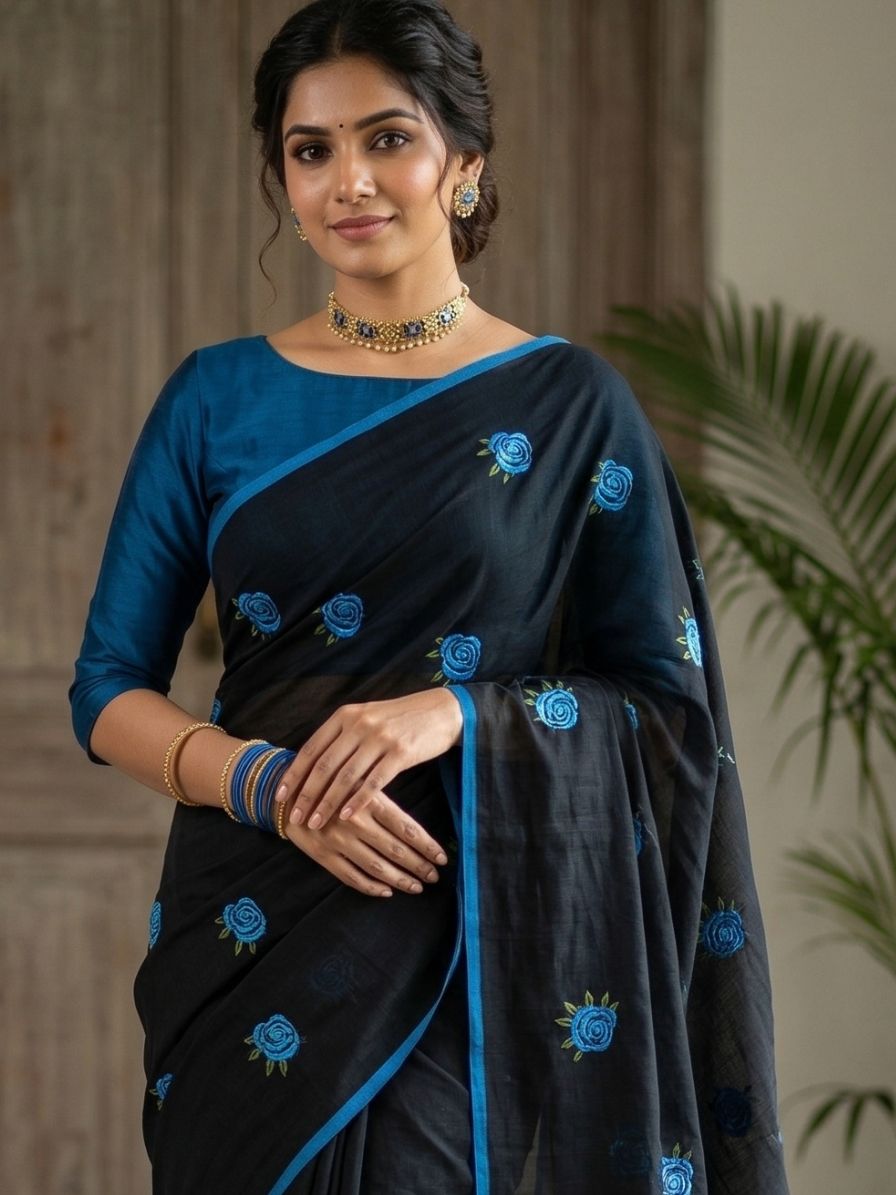 Mul Cotton Saree with Rose Embroidery - Blue