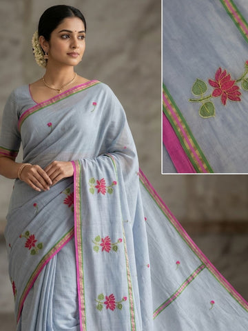 Mul Cotton Saree with Allover Embroidery - pale lavender