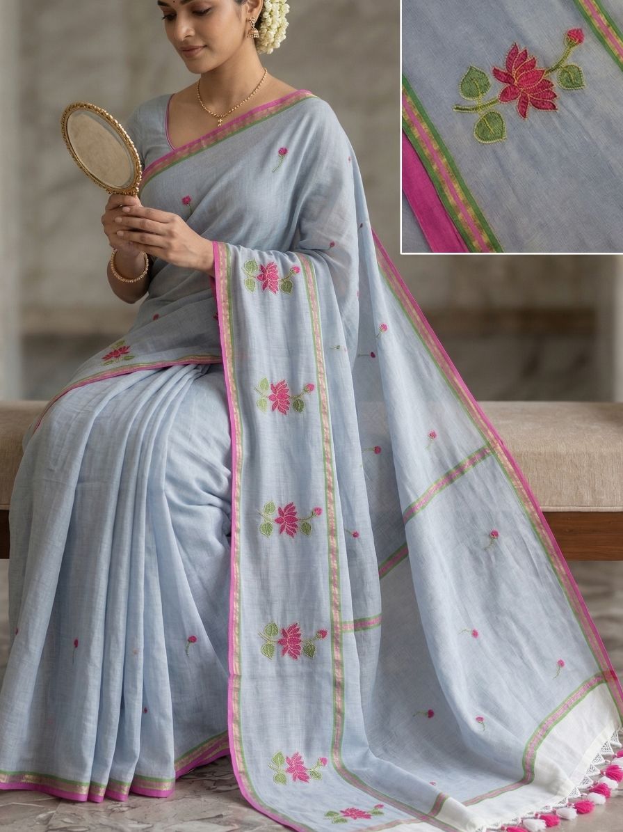Mul Cotton Saree with Allover Embroidery - pale lavender