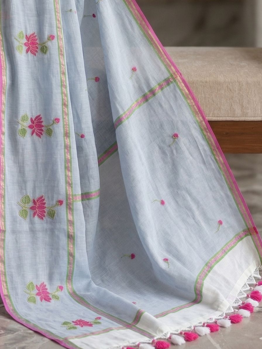 Mul Cotton Saree with Allover Embroidery - pale lavender