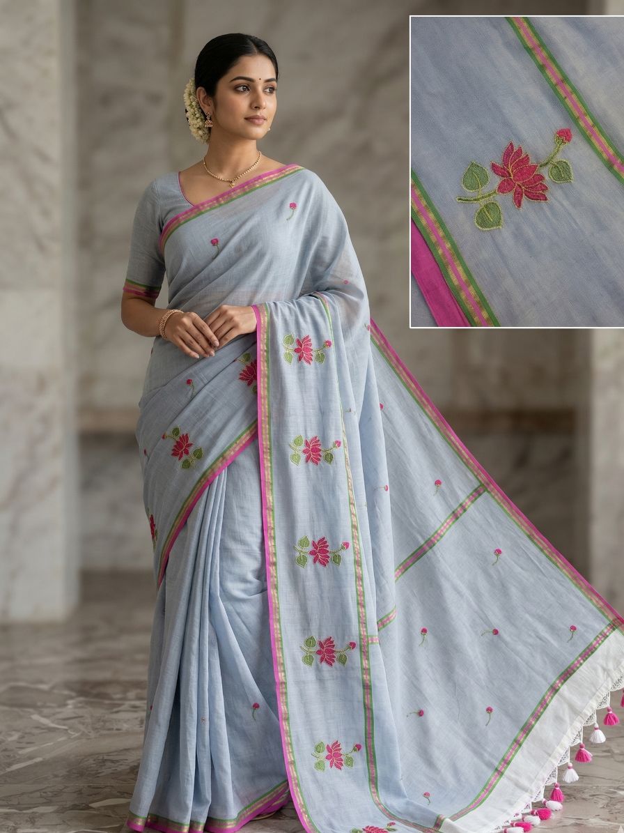 Mul Cotton Saree with Allover Embroidery - pale lavender