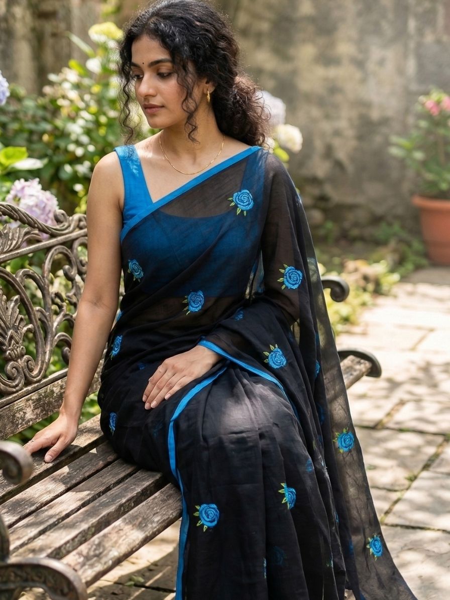 Mul Cotton Saree with Rose Embroidery - Blue