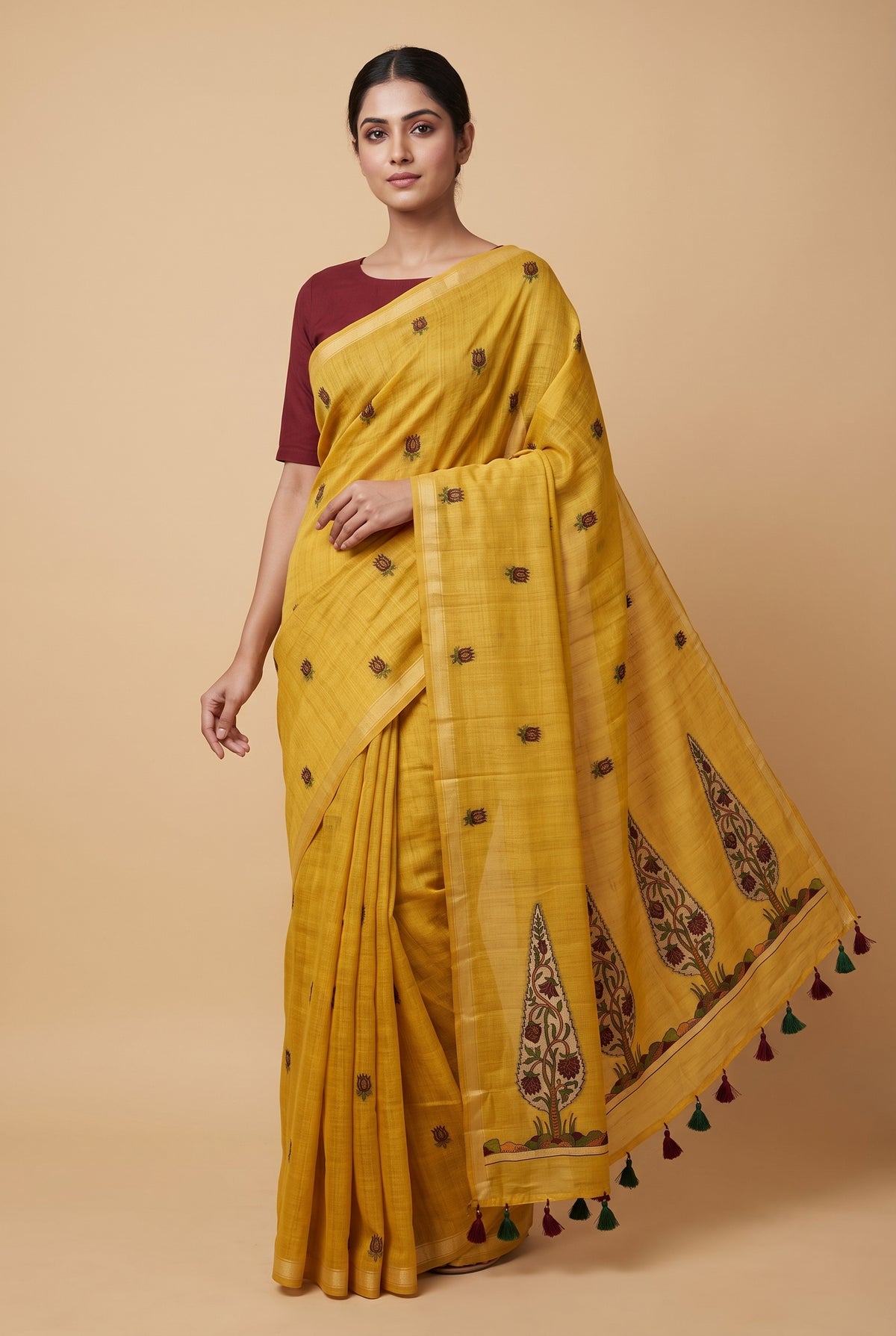 Mustard Yellow Linen Cotton Saree with sarv Motif Pallu