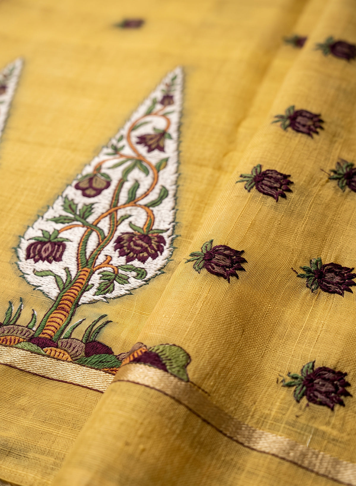 Mustard Yellow Linen Cotton Saree with sarv Motif Pallu