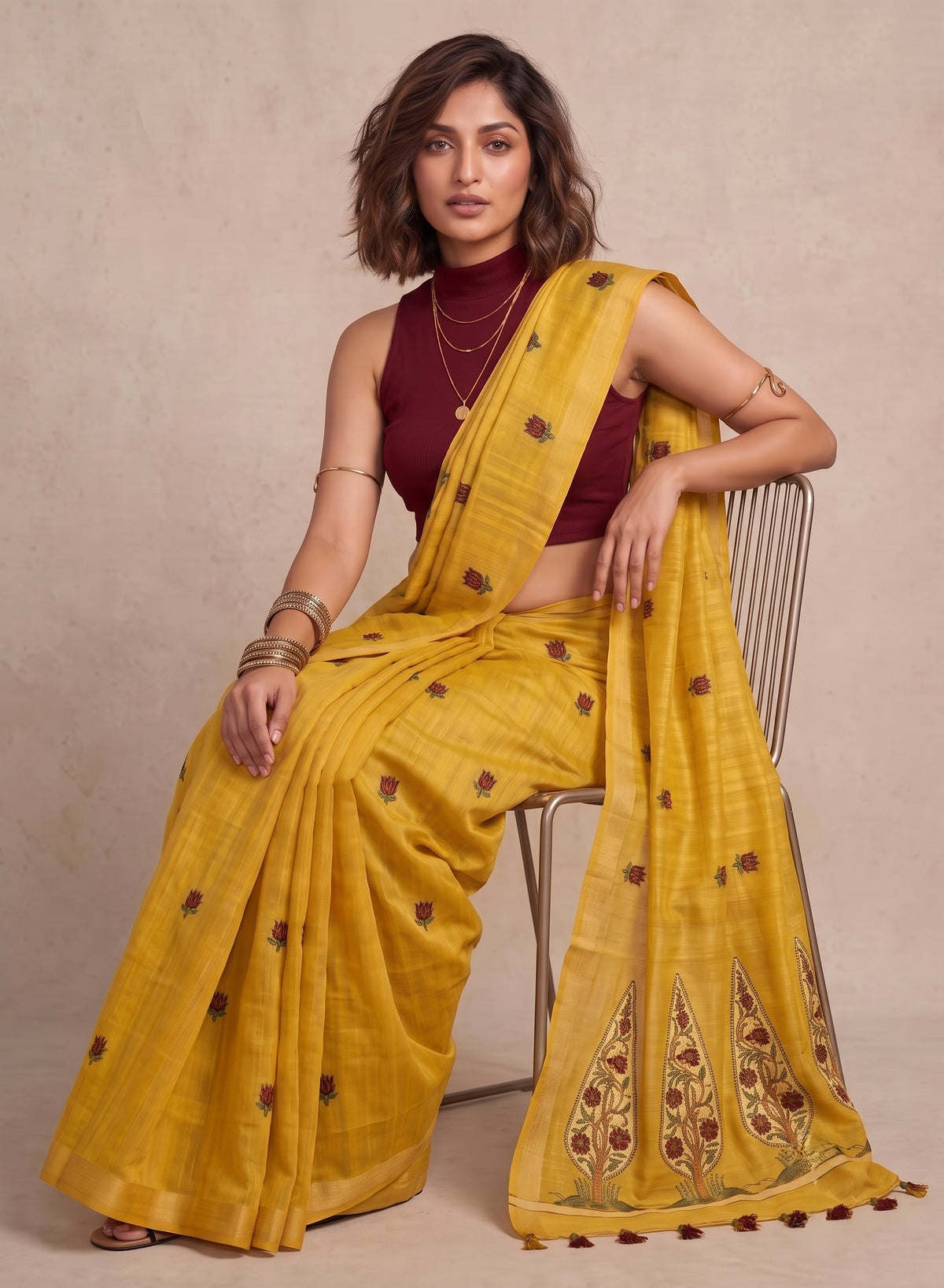 Mustard Yellow Linen Cotton Saree with sarv Motif Pallu