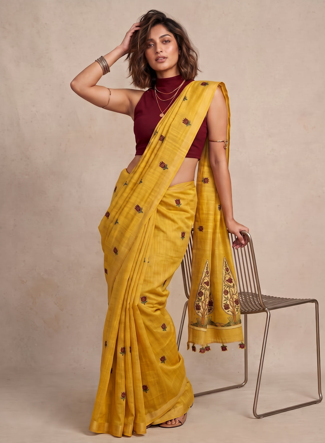 Mustard Yellow Linen Cotton Saree with sarv Motif Pallu