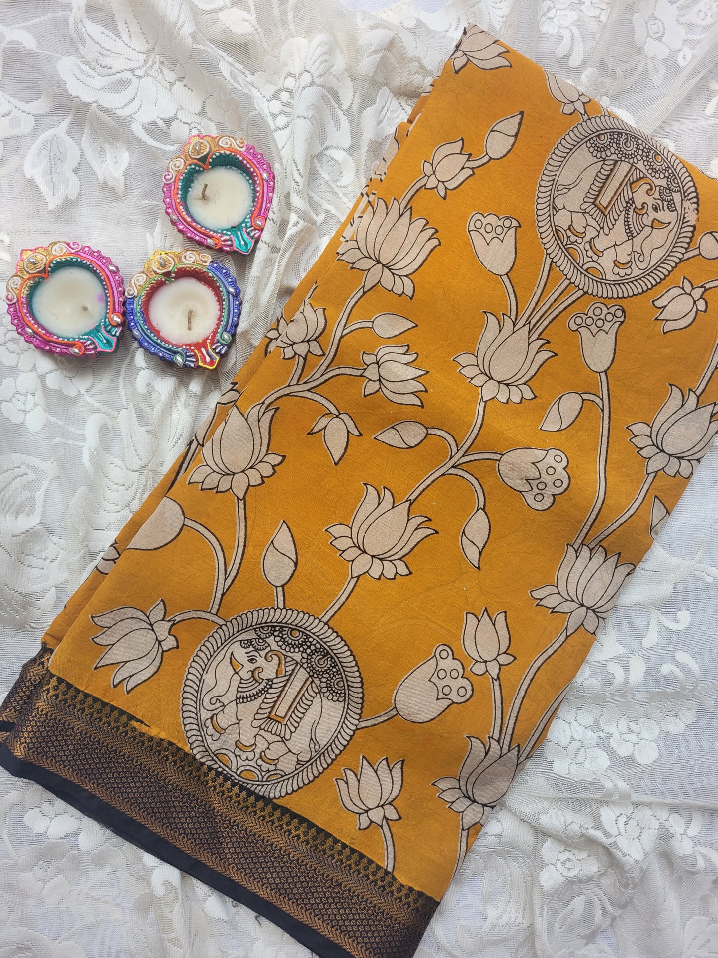 Kalamkari Nizam Border Mustard Yellow Elephant Circle - Banti