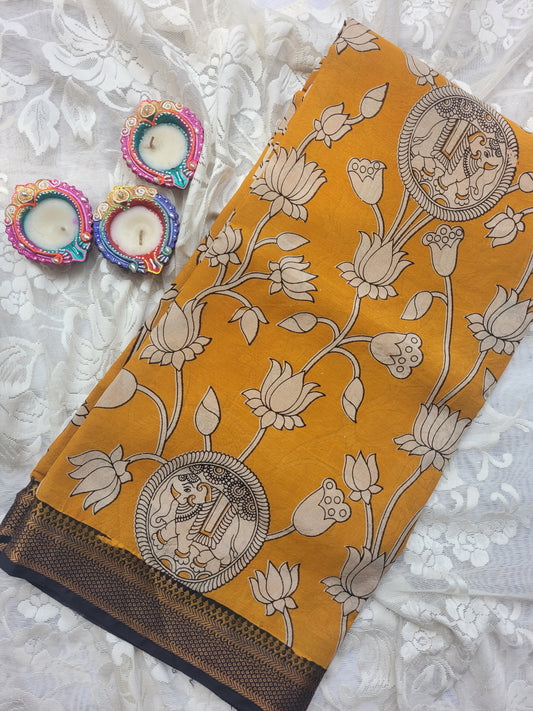 Kalamkari Nizam Border Mustard Yellow Elephant Circle - Banti