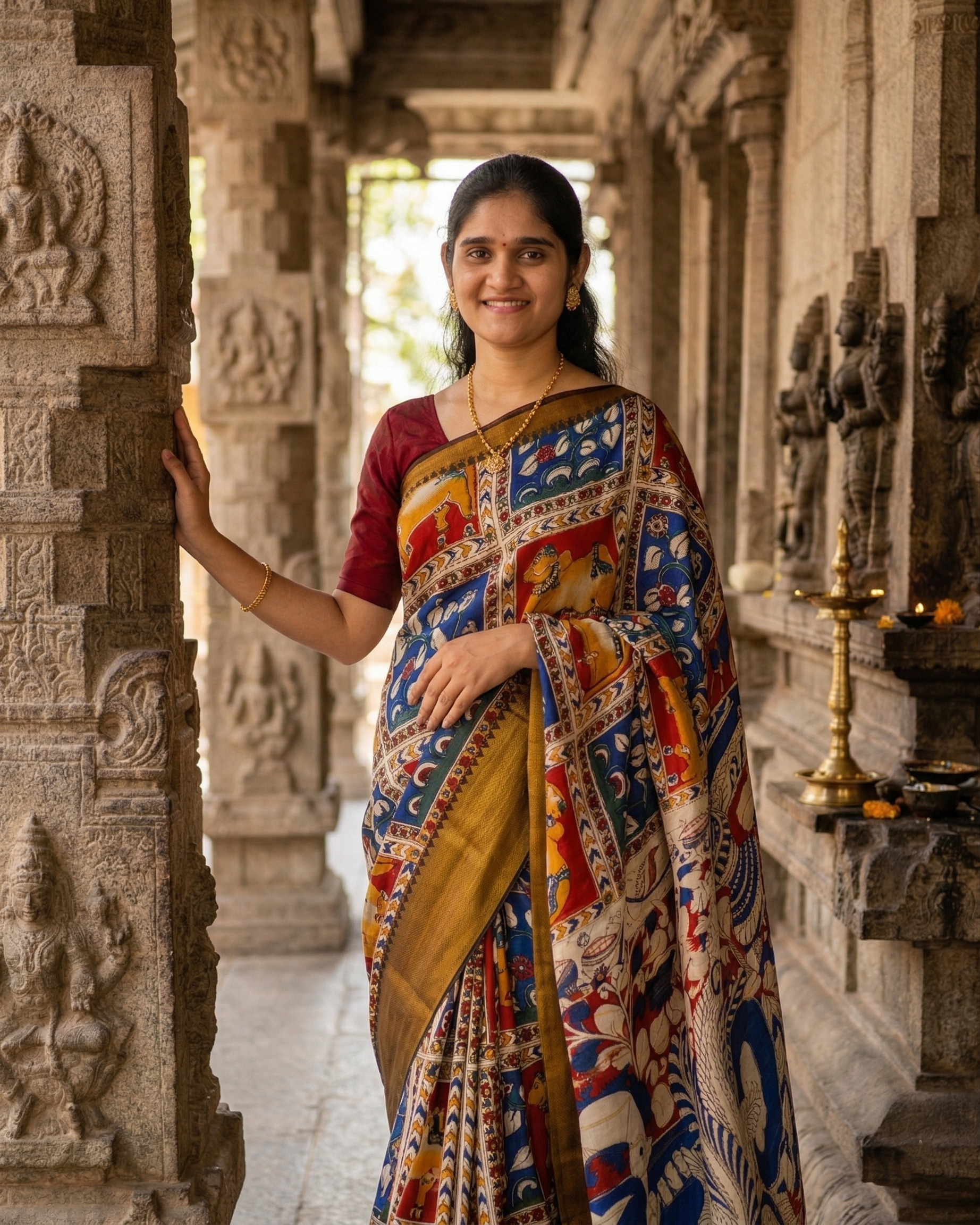 Kalamkari Mangalagiri silk Kanchi border saree- Nandi