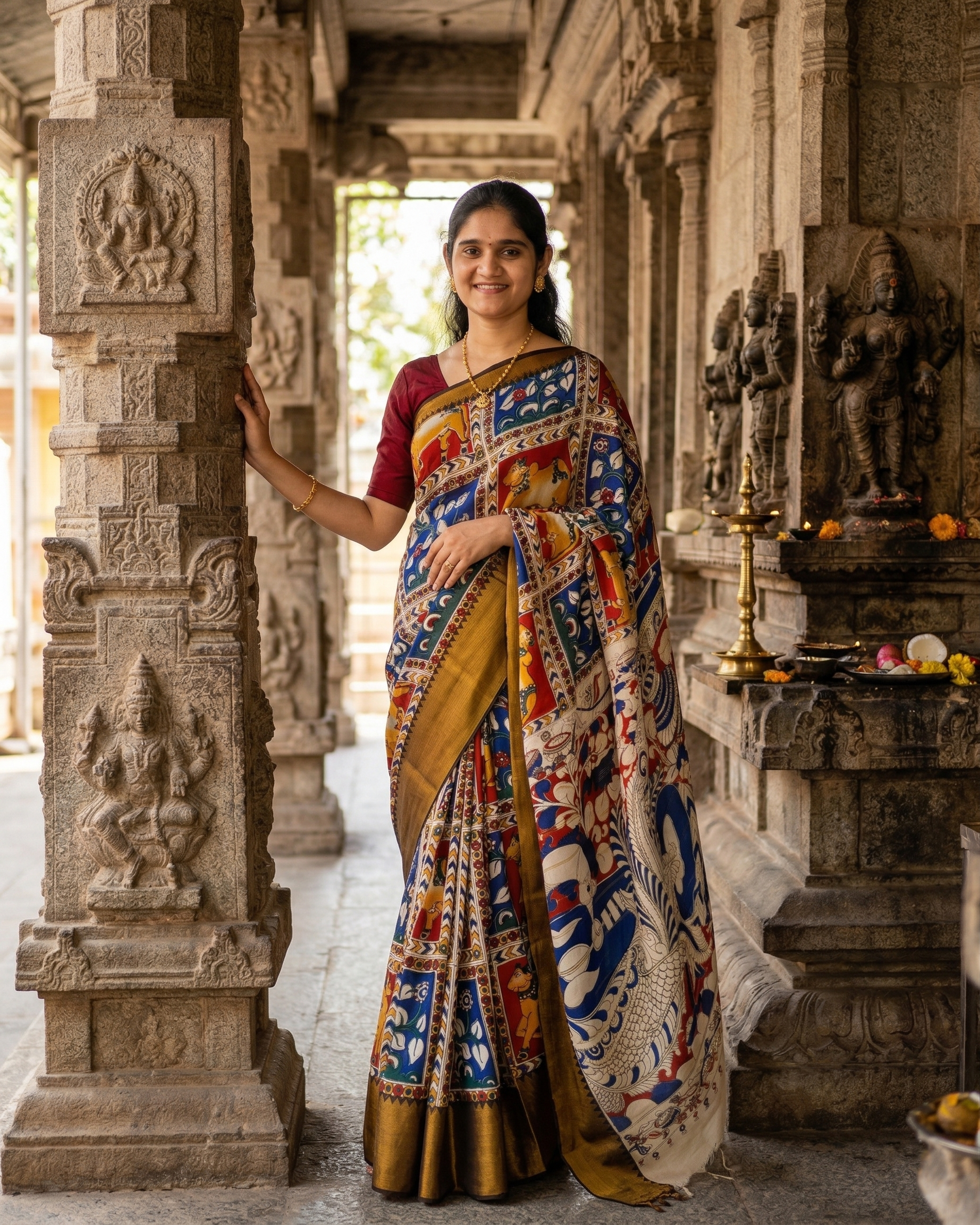 Kalamkari Mangalagiri silk Kanchi border saree- Nandi