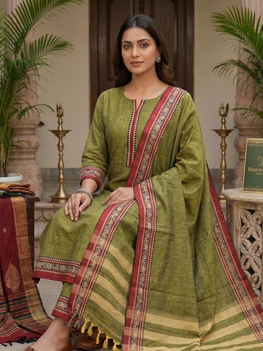 Narayanpet Unstitched dress material-Green