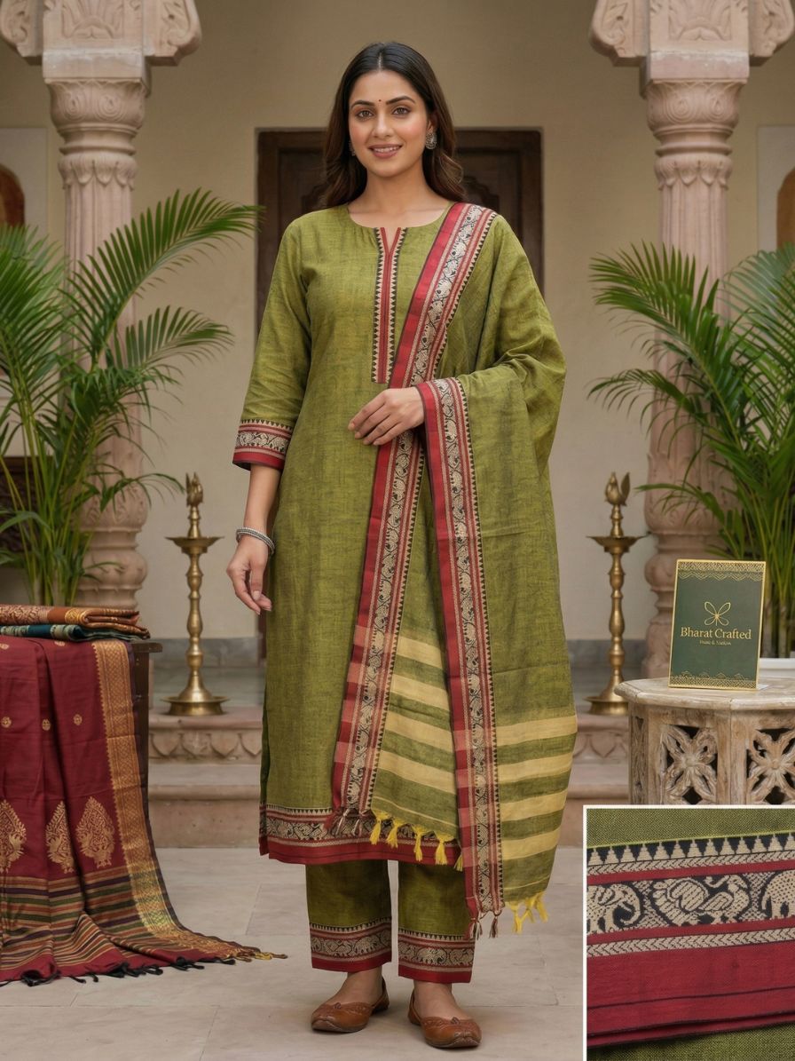 Narayanpet Unstitched dress material-Green