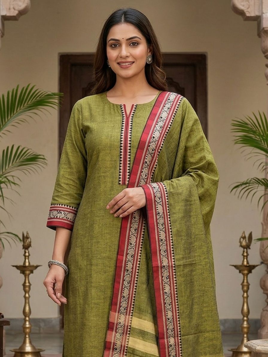 Narayanpet Unstitched dress material-Green