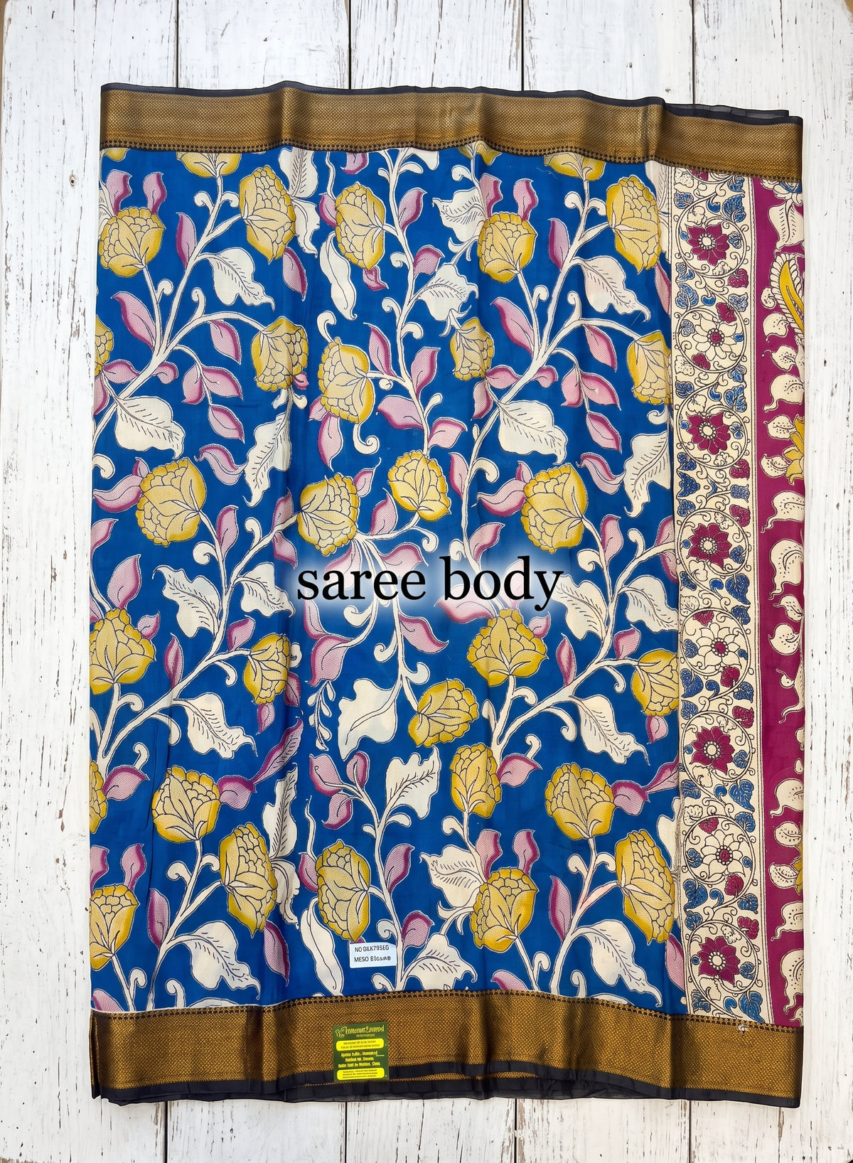 Neel Floral Nizam border kalamkari saree