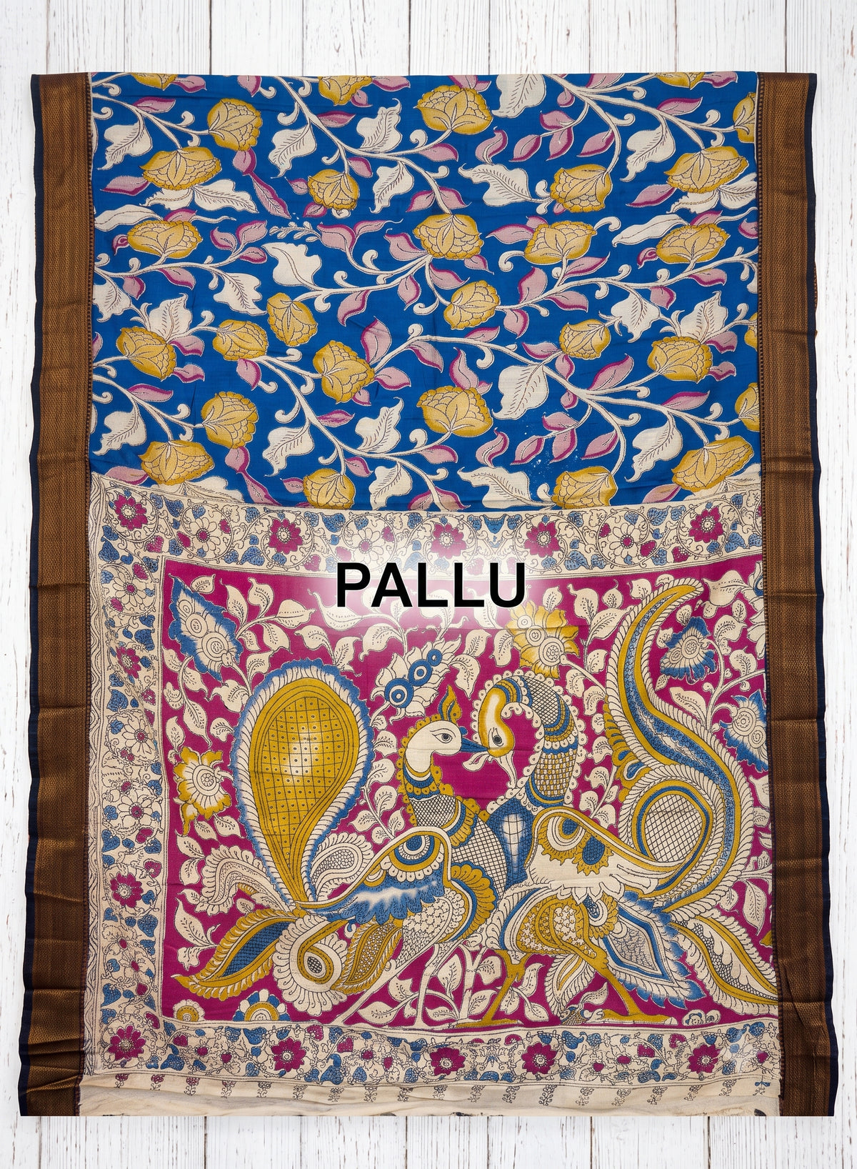 Neel Floral Nizam border kalamkari saree