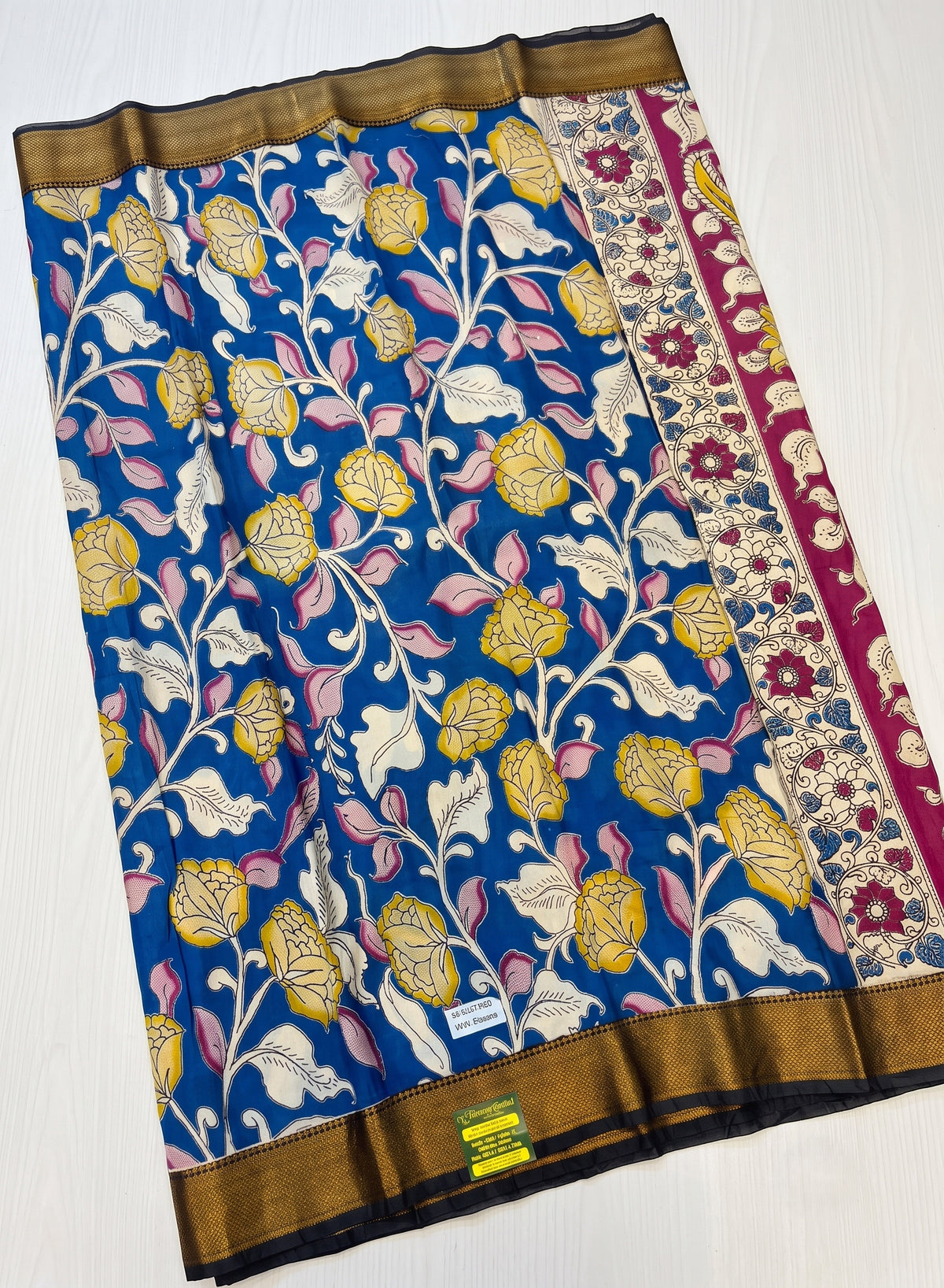 Neel Floral Nizam border kalamkari saree