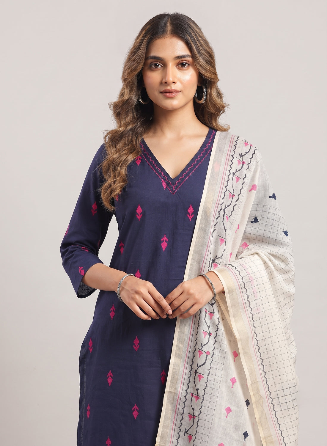 Neelambari Navy Thread Butta Jamdani Kurta Set with Printed Dupatta