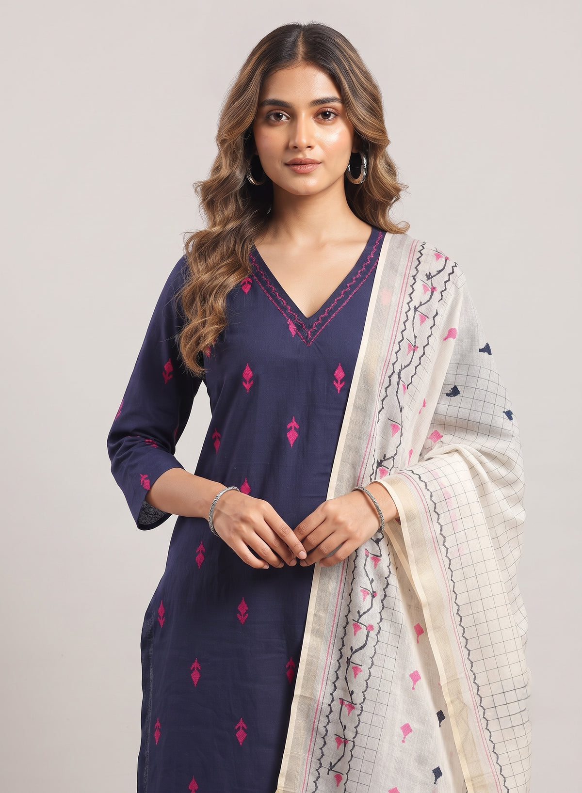 Neelambari Navy Thread Butta Jamdani Kurta Set with Printed Dupatta