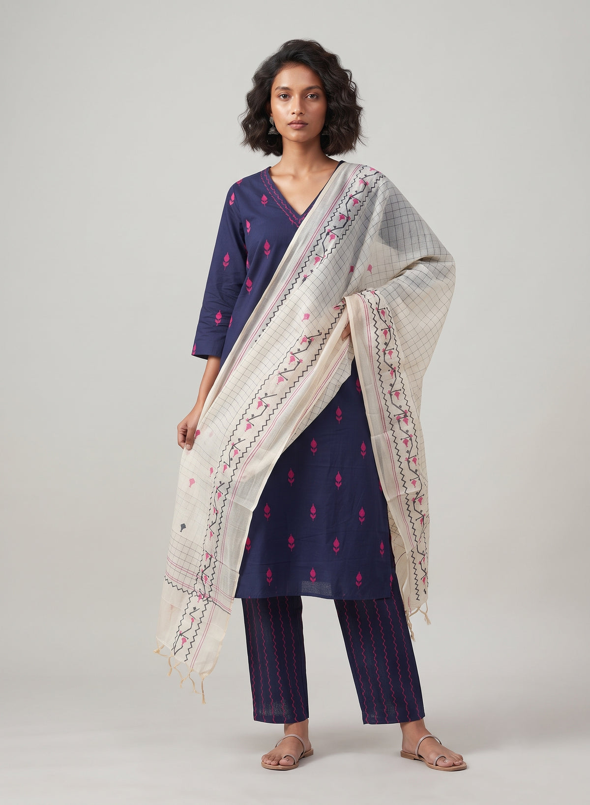 Neelambari Navy Thread Butta Jamdani Kurta Set with Printed Dupatta