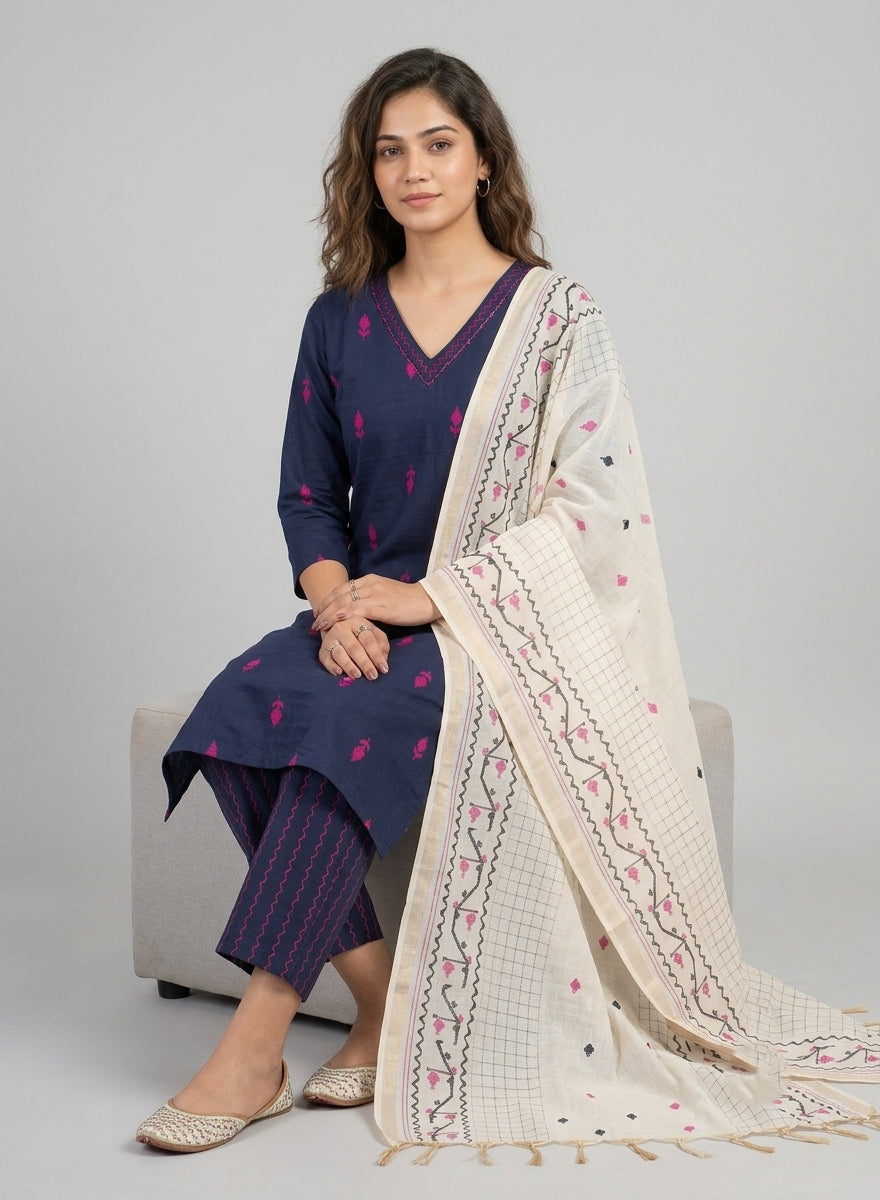 Neelambari Navy Thread Butta Jamdani Kurta Set with Printed Dupatta