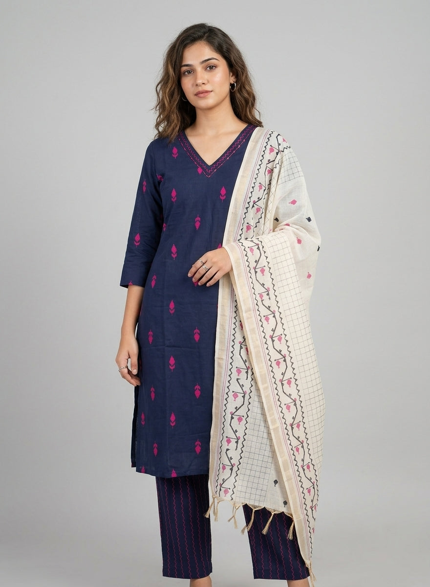 Neelambari Navy Thread Butta Jamdani Kurta Set with Printed Dupatta