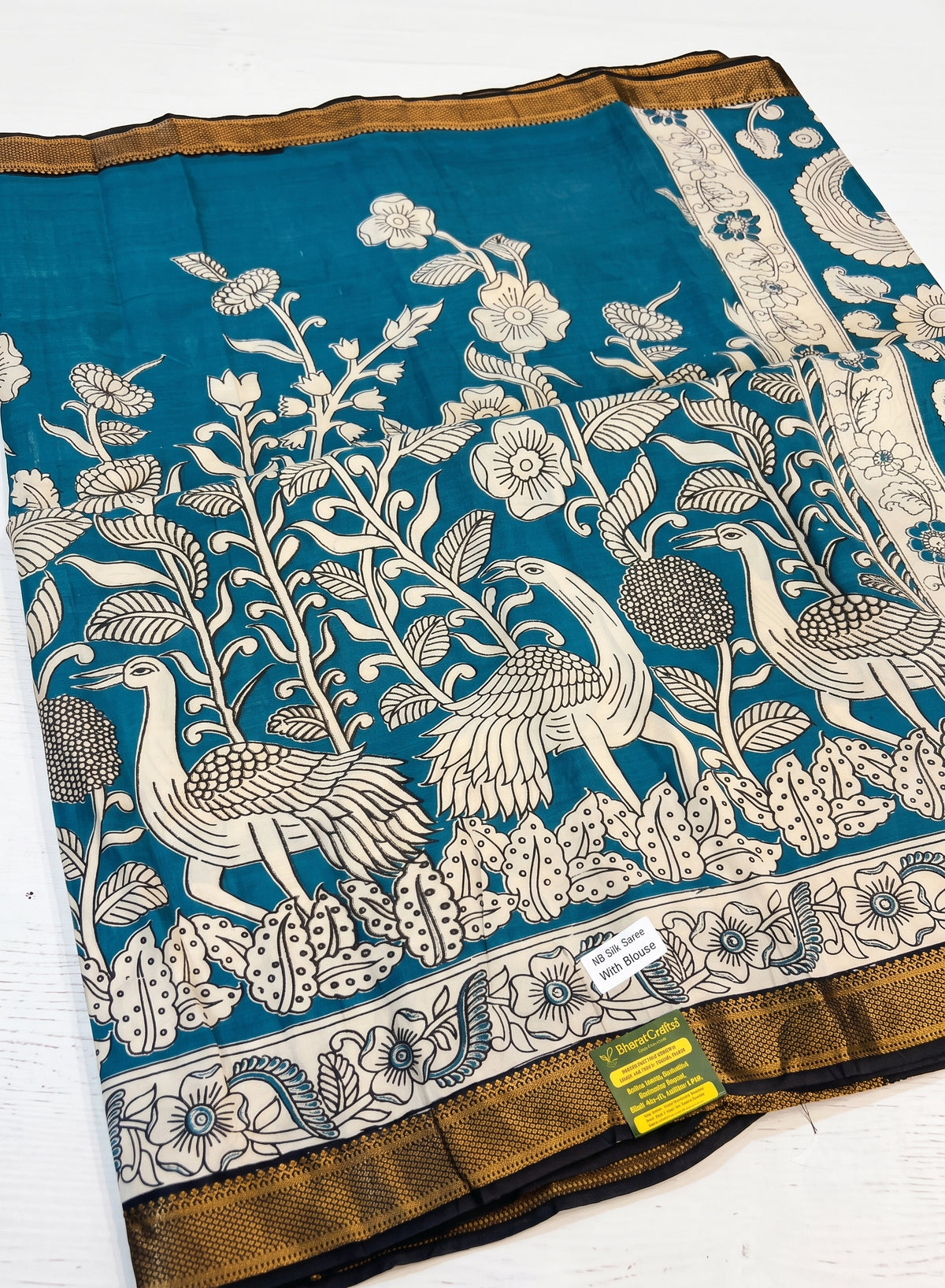 Neel flamingo nizam border kalamkari saree